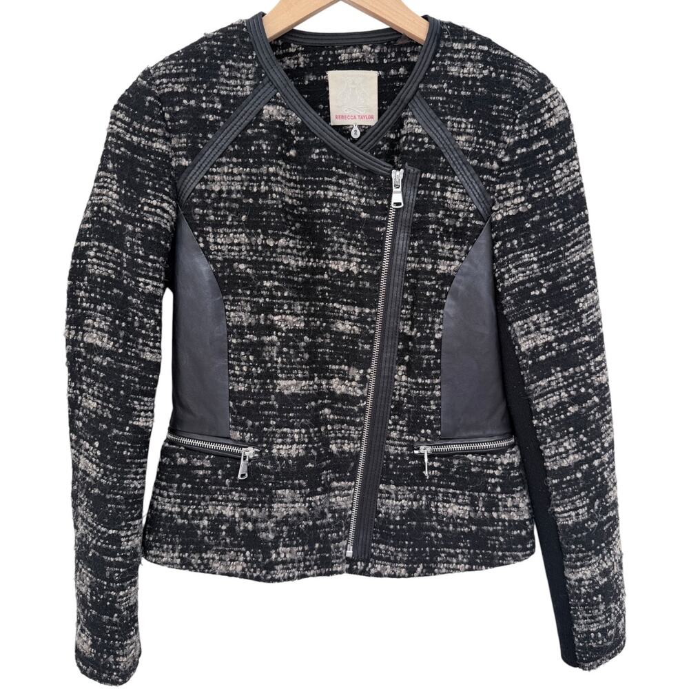 Rebecca Taylor Tweed Moto Jacket Womens 6 Black White Zip Up